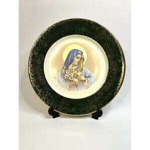 Vintage 10" Virgin Mary Decorative Plate Green With Real Gold Trim